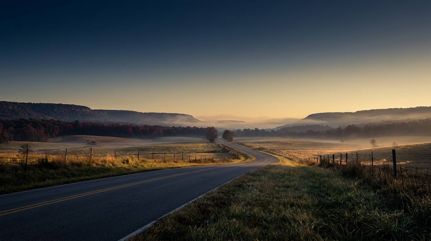 Quiet rural road in the Sequatchie Valley at morning, representing a fresh start after divorce