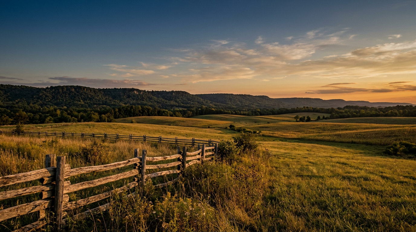 Rolling rural Bledsoe County farmland at golden hour, representing family land and estate planning