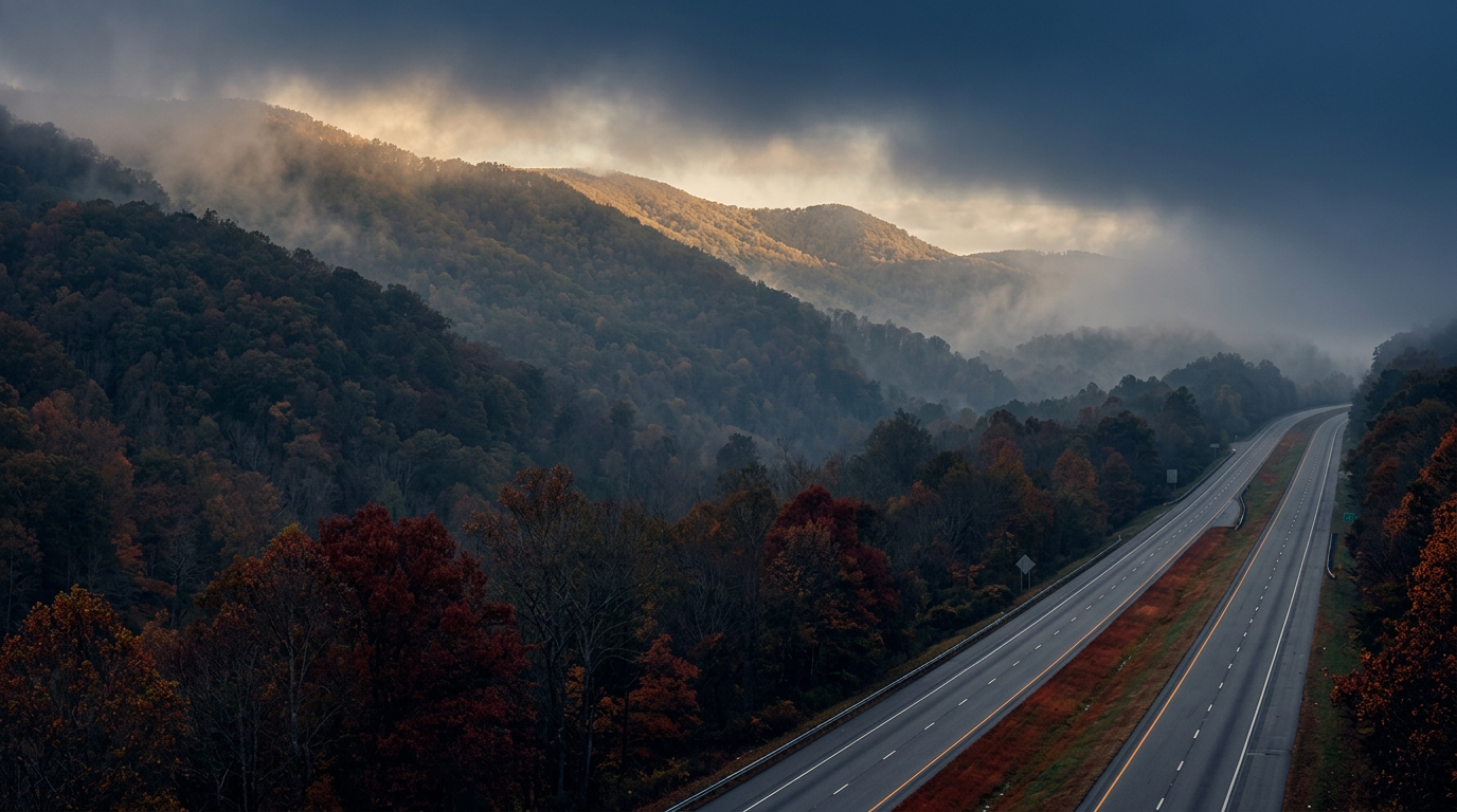 Stretch of rural interstate climbing a wooded Tennessee mountain grade, representing I-24 crash corridor