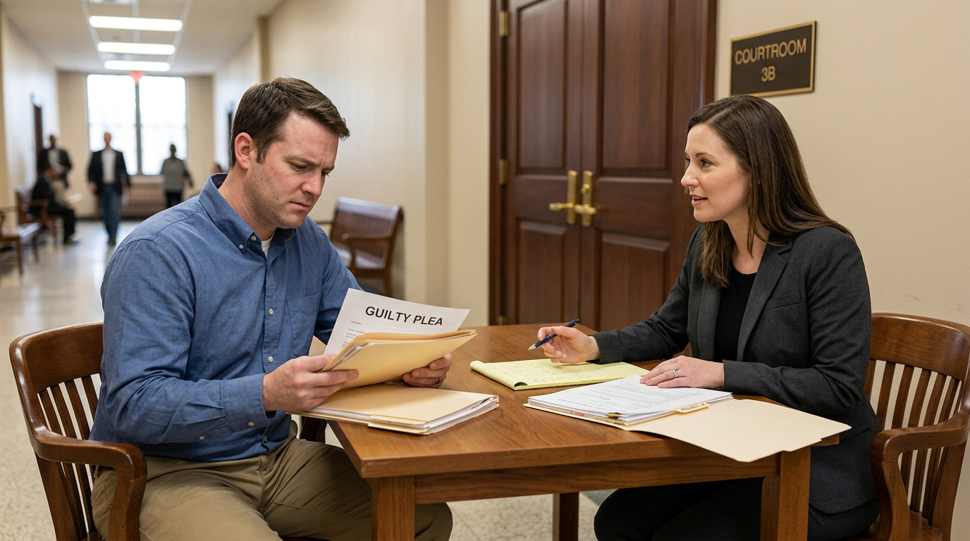 Defense attorney advising a worried client reviewing a guilty plea form outside a courtroom