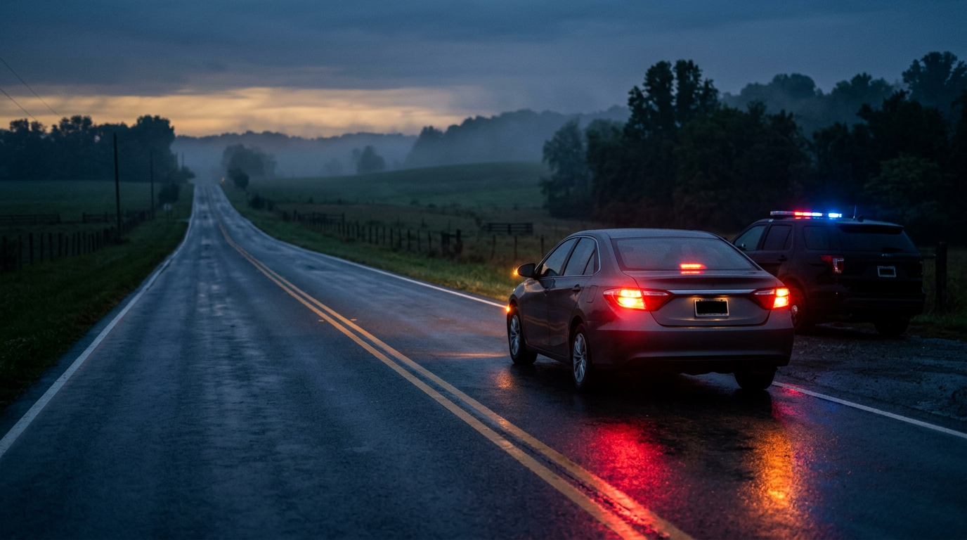 Rural two-lane highway through wooded ridges near Dayton Tennessee at dusk representing a Rhea County DUI stop
