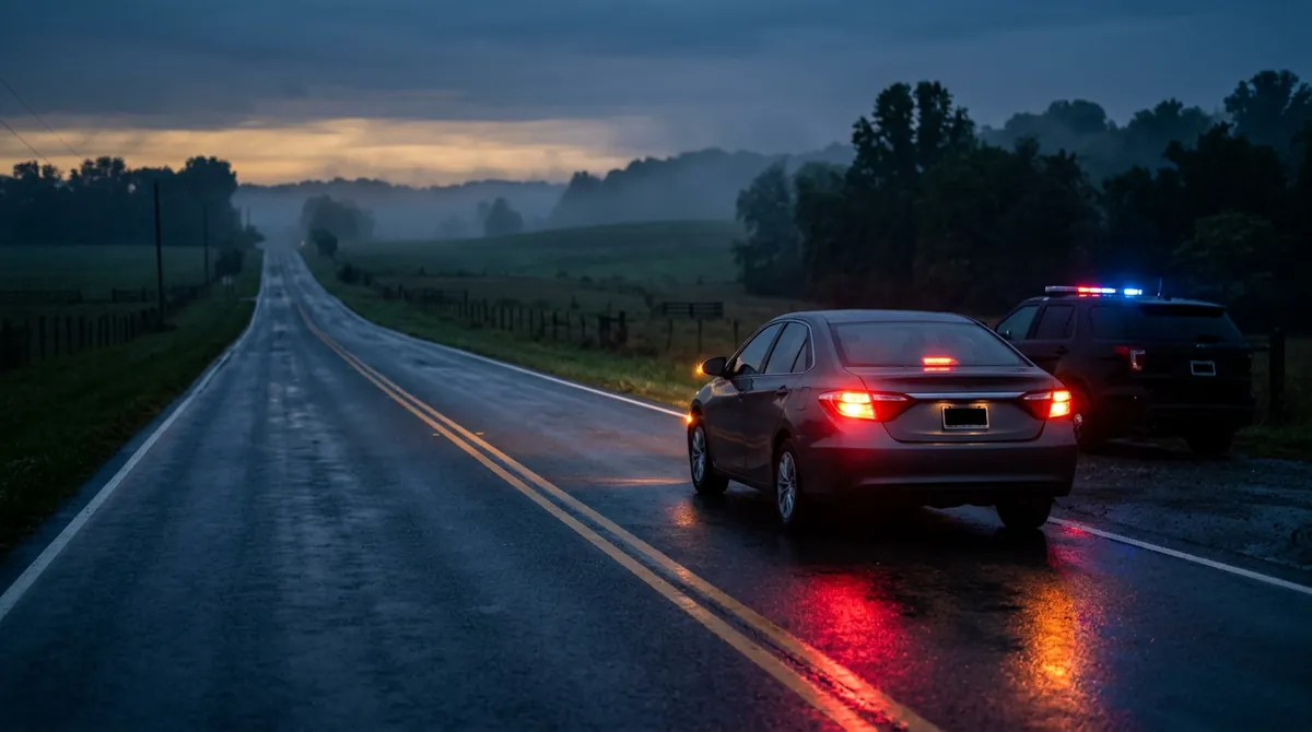 Rural two-lane highway through wooded ridges near Dayton Tennessee at dusk representing a Rhea