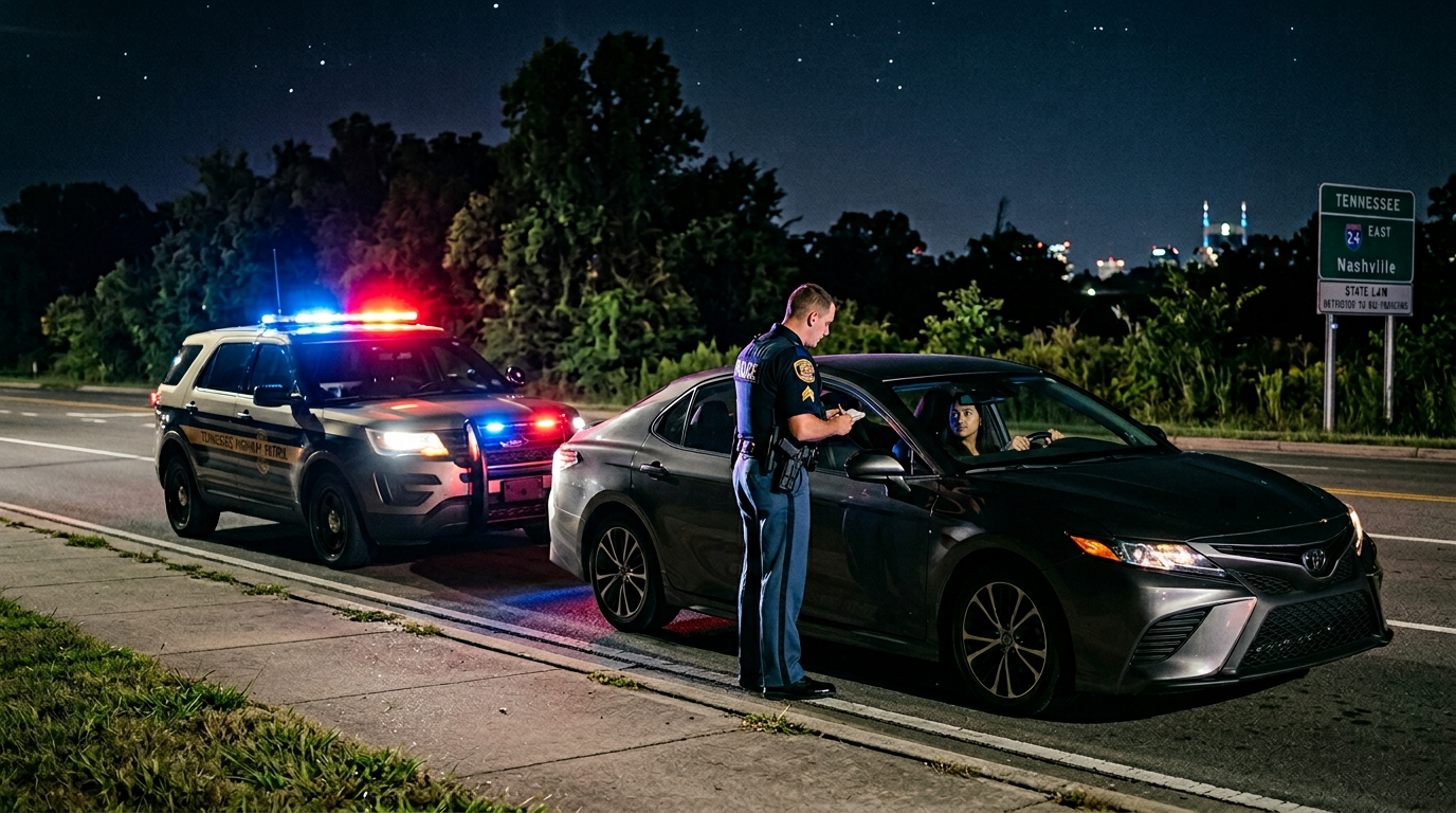 Tennessee state trooper standing at the driver's window of a sedan during a nighttime traffic stop near Nashville